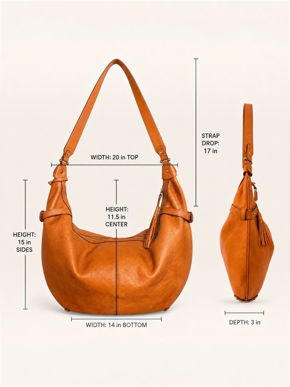 Liz Claiborne Cognac Brown Leather Slouchy Hobo Shoulder Bag Tassel Large - Picture 3 of 13